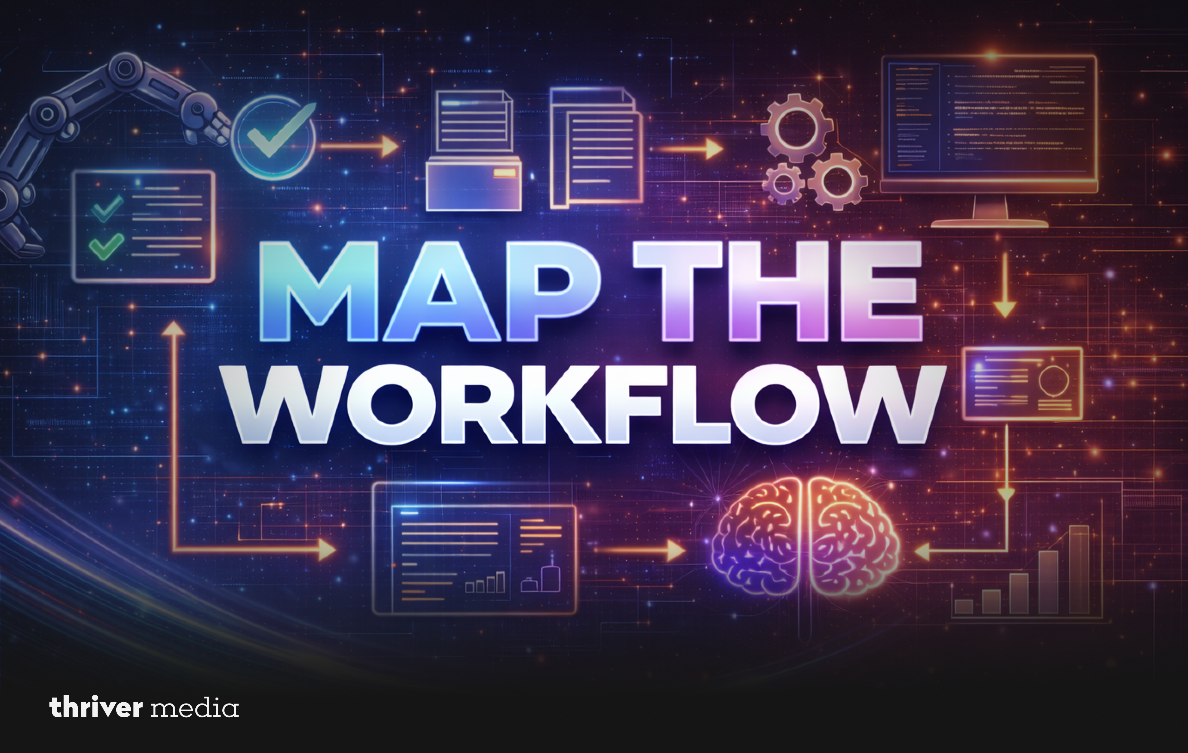 Futuristic “Map the Workflow” graphic with automation icons, robotic arm, documents, code screen, AI brain, and data charts representing AI process mapping.