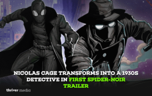 Nicolas Cage as a gritty 1930s detective in Spider-Noir trailer, wearing a trench coat and fedora while swinging across New York rooftops.