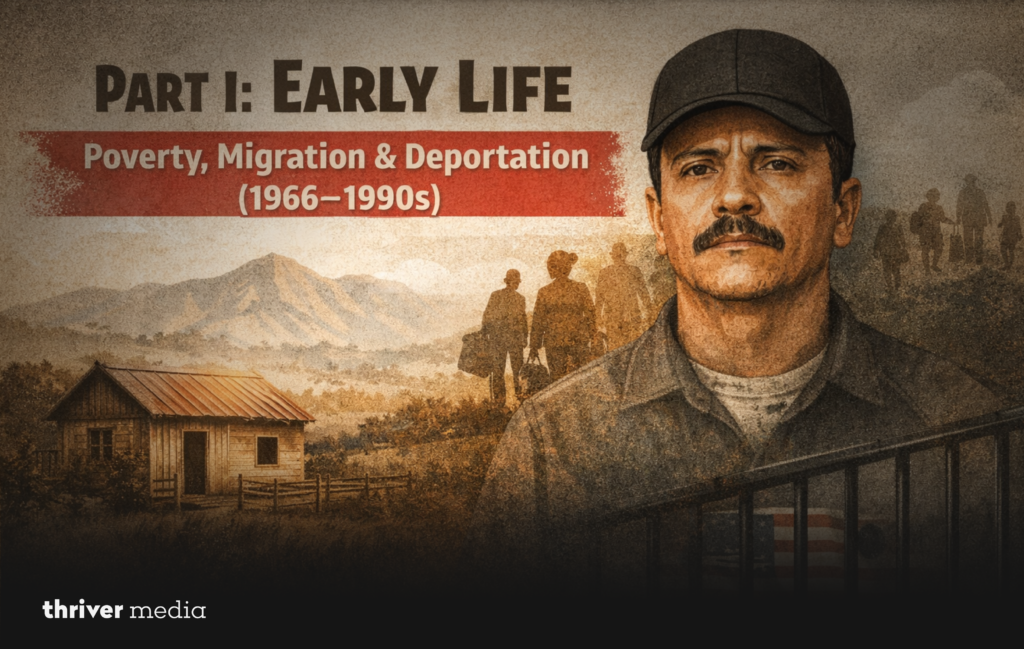 Blog header image titled “Part I: Early Life – Poverty, Migration & Deportation (1966–1990s)” featuring a rural Mexican landscape, a modest house, migrant silhouettes, and a portrait illustration of El Mencho.