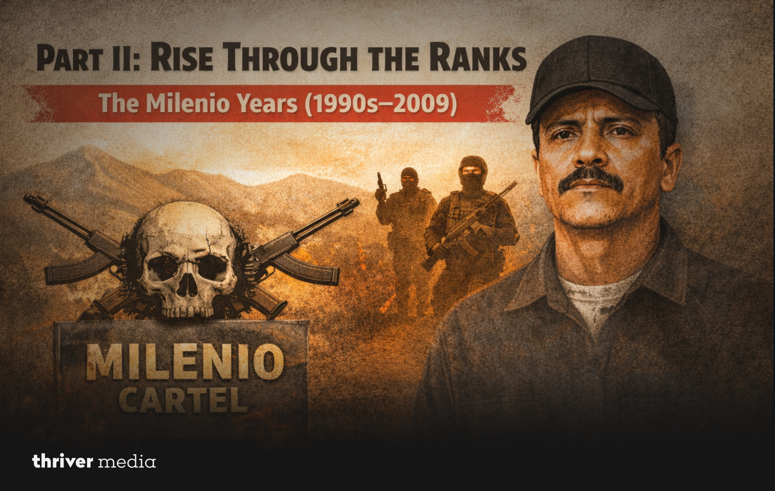 Blog header titled “Part II: Rise Through the Ranks The Milenio Years (1990s–2009)” featuring an illustrated portrait of El Mencho, armed silhouettes, and a Milenio Cartel emblem.