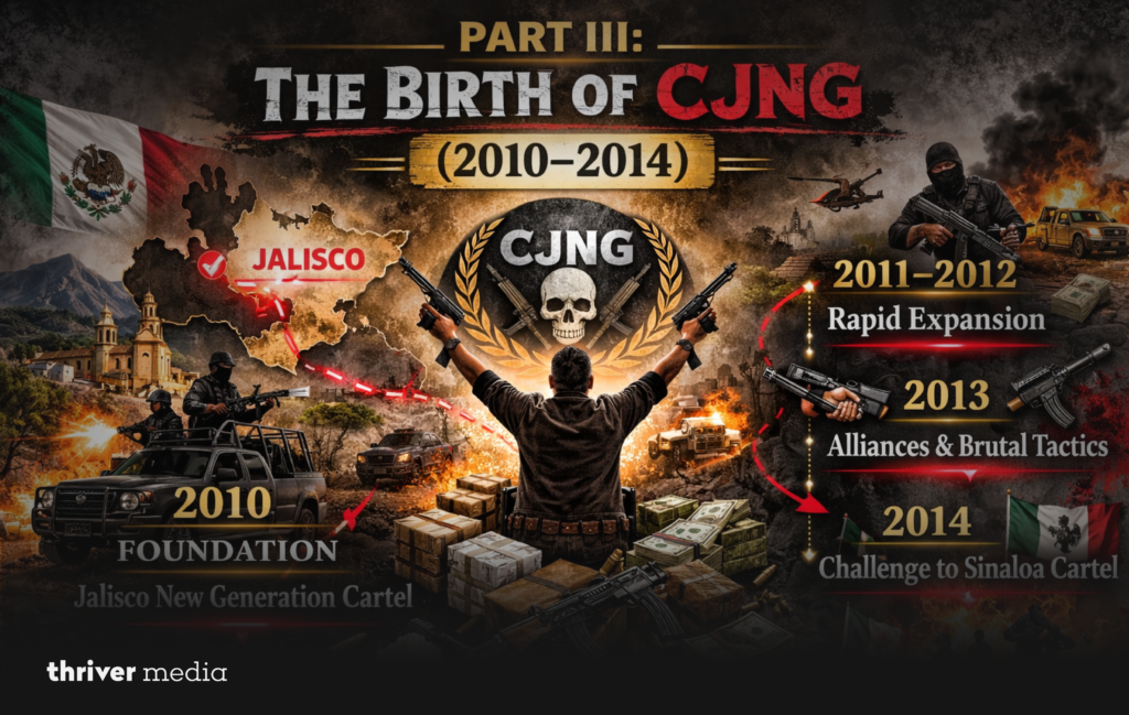 Blog header titled “Part III: The Birth of CJNG (2010–2014)” featuring a CJNG emblem, map of Jalisco, armed figures, vehicles, and a timeline highlighting the cartel’s formation and expansion.