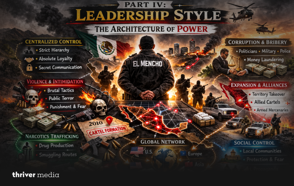 Blog header titled “Part IV: Leadership Style – The Architecture of Power” showing an illustrated figure labeled El Mencho, organizational hierarchy themes, armed figures, global network graphics, and cartel structure elements.