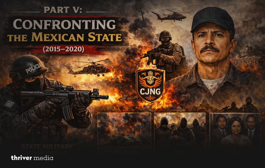 Blog header titled “Part V: Confronting the Mexican State (2015–2020)” featuring illustrated armed security forces, helicopters, CJNG emblem, and a portrait of El Mencho against a fiery conflict backdrop.