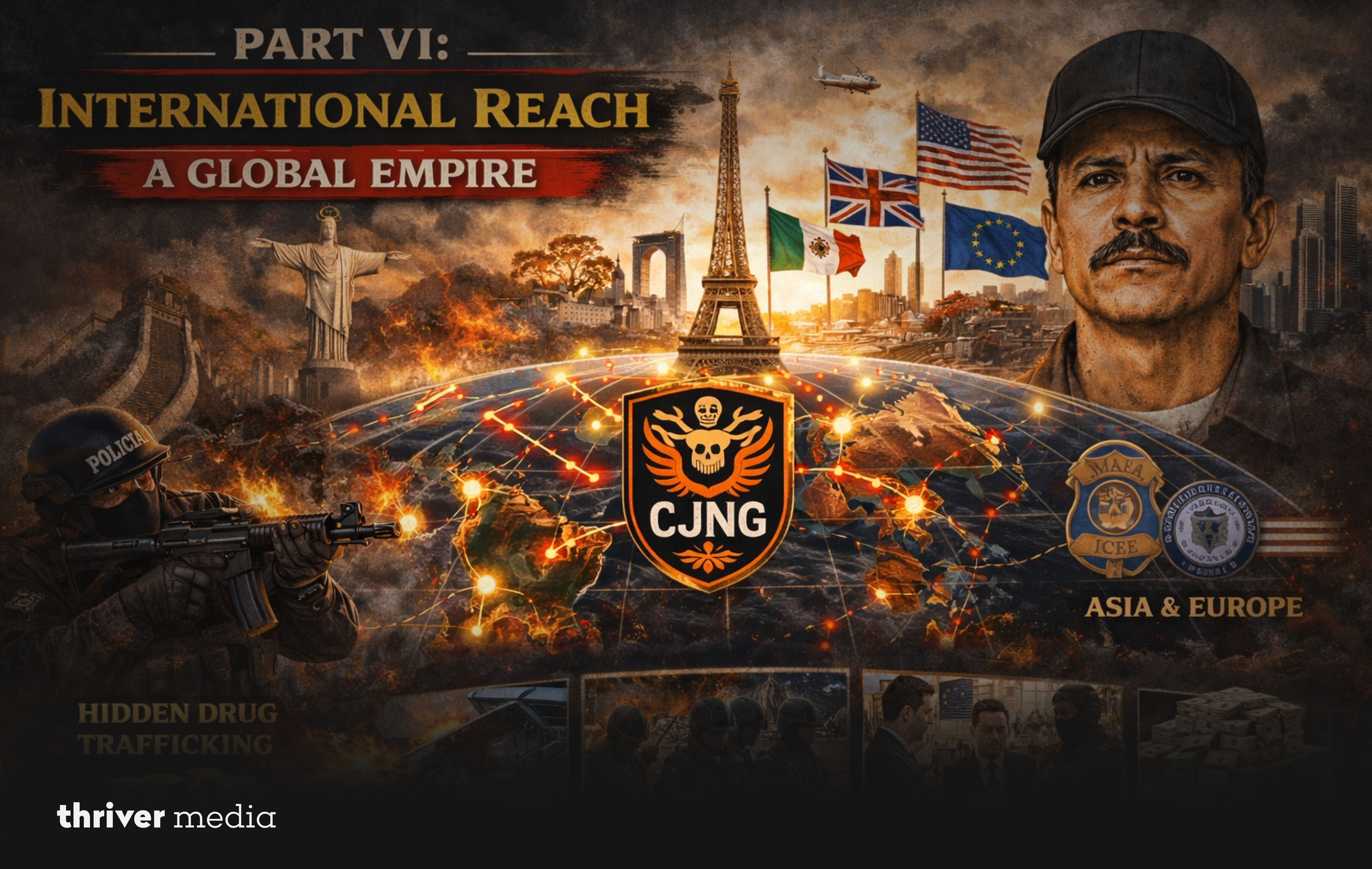 Blog header titled “Part VI: International Reach – A Global Empire” featuring a world map with global network lines, CJNG emblem, international landmarks, flags, and an illustrated portrait of El Mencho.