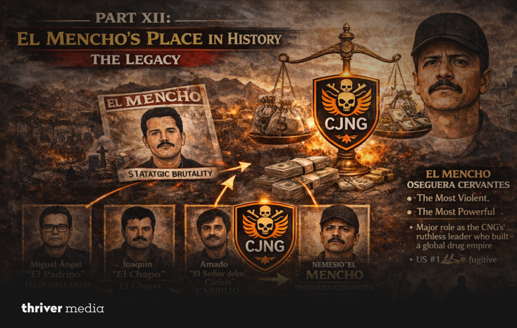 Blog header titled “Part XII: El Mencho’s Place in History – The Legacy” featuring CJNG emblem, scales of justice, cash stacks, historical cartel figures, and an illustrated portrait of El Mencho.