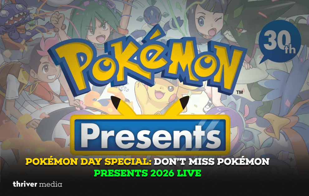 Pokémon Presents 30th anniversary graphic featuring Pikachu and trainers with “Pokémon Presents” logo and Pokémon Day Special 2026 livestream text.