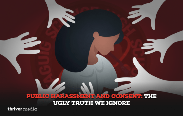 Illustration of a woman surrounded by reaching hands symbolizing public harassment, with the title “Public Harassment and Consent: The Ugly Truth We Ignore” in bold text.