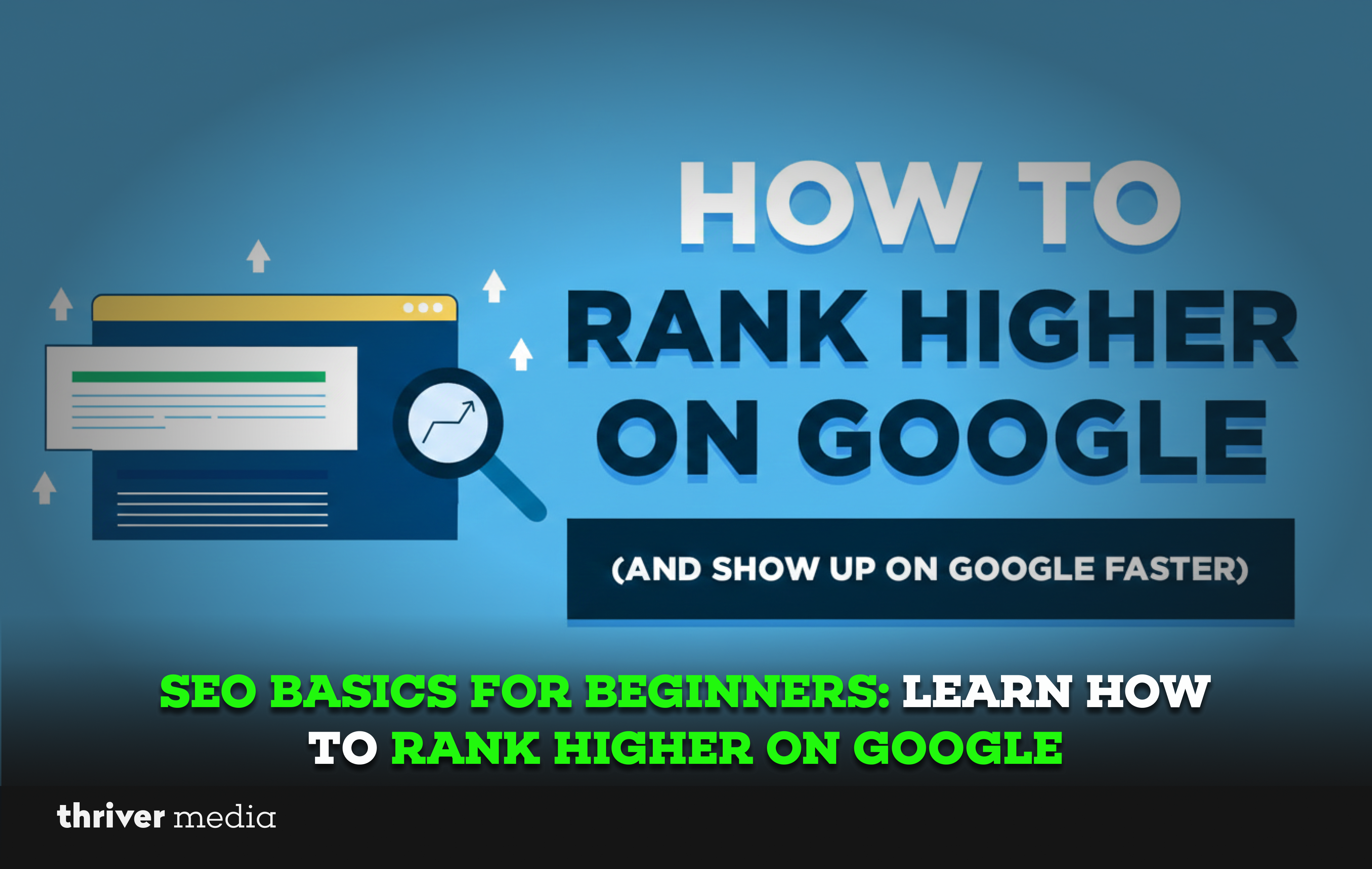 Graphic showing SEO strategy for beginners, including keywords, Google ranking, and website optimization steps.