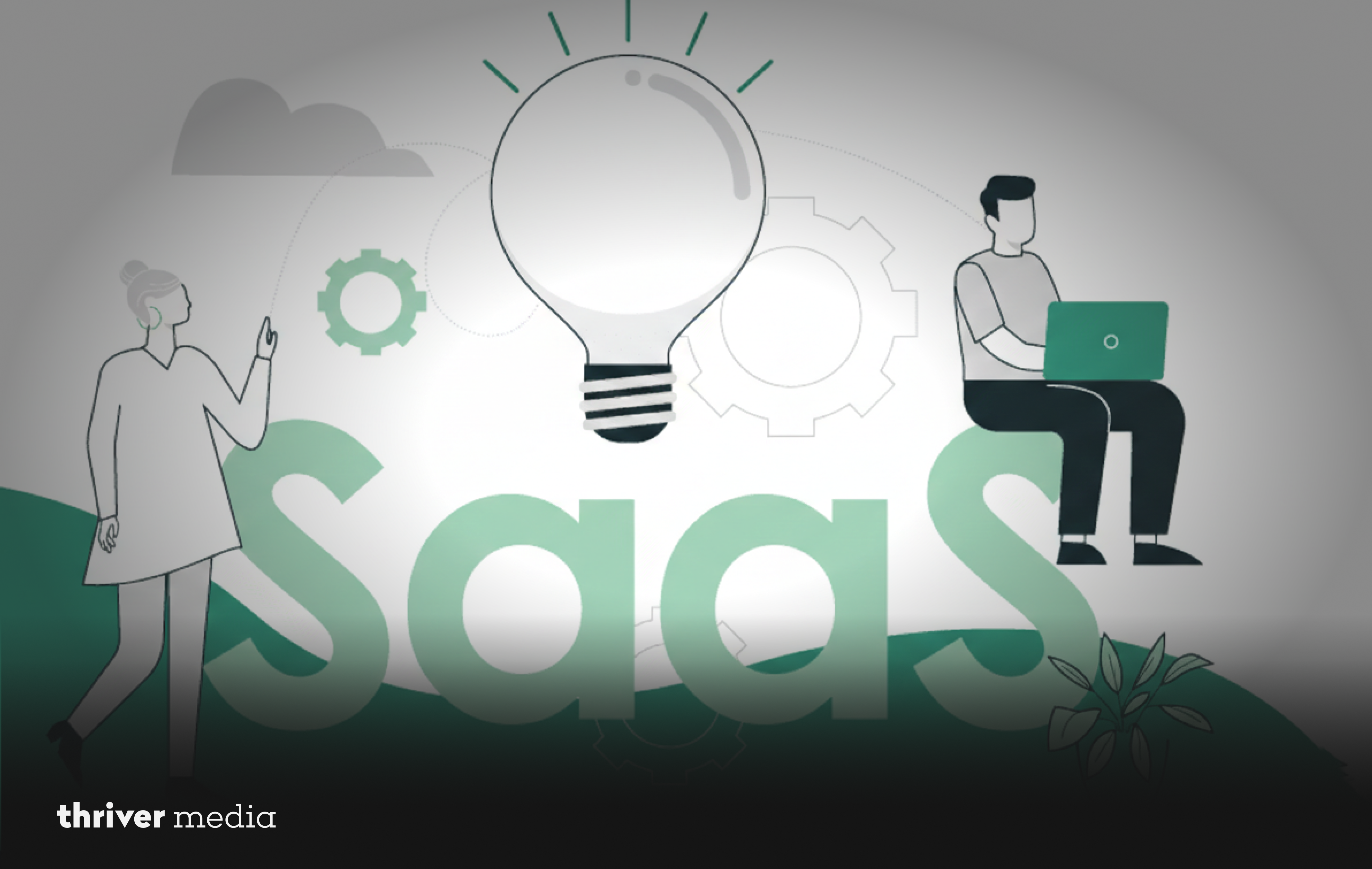 SaaS concept illustration showing professionals working on a laptop with a lightbulb and gear icons, representing software innovation and cloud technology.