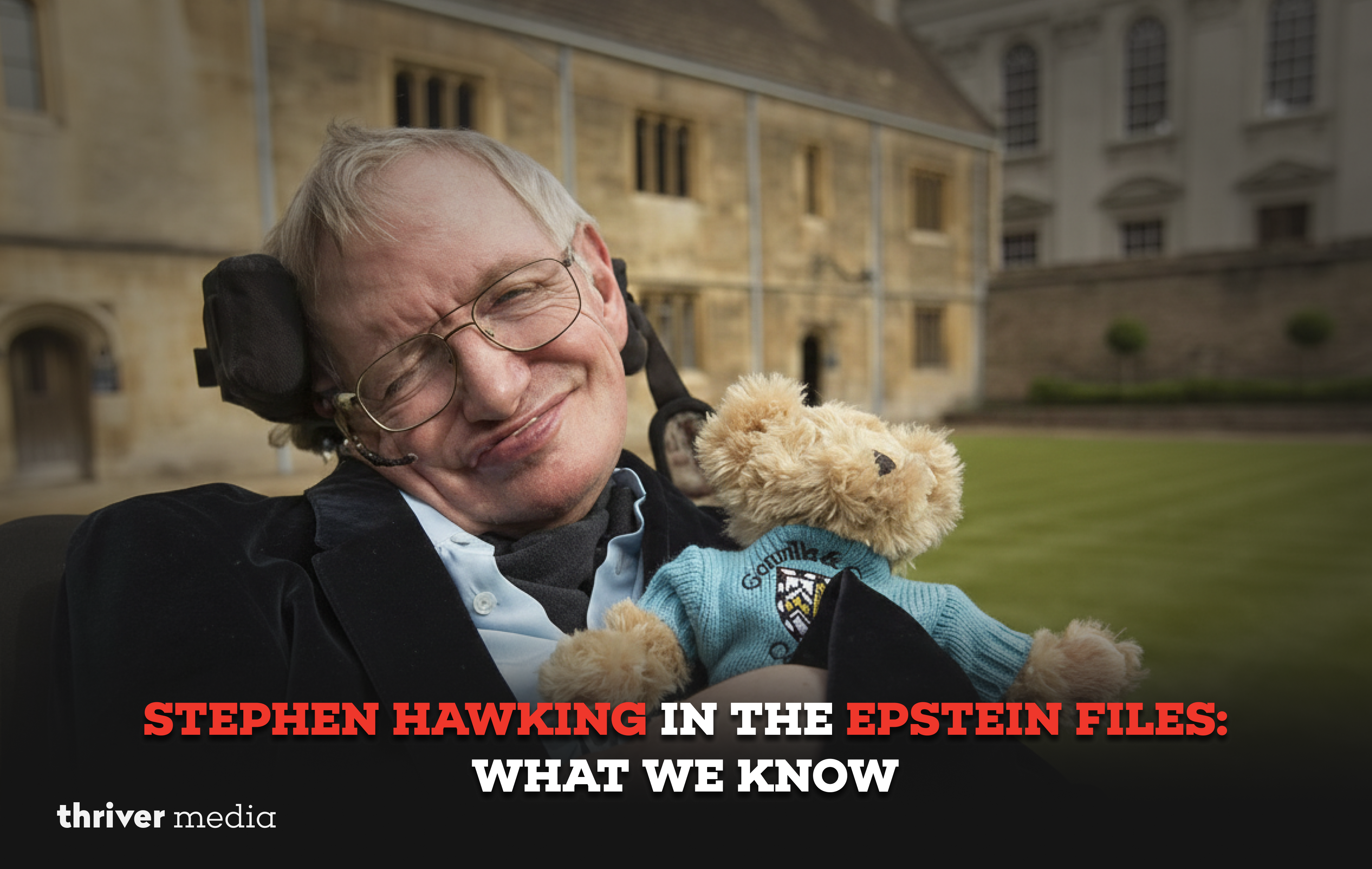 Stephen Hawking photographed at a scientific event, referenced in discussions about the Epstein files and visitor list records.
