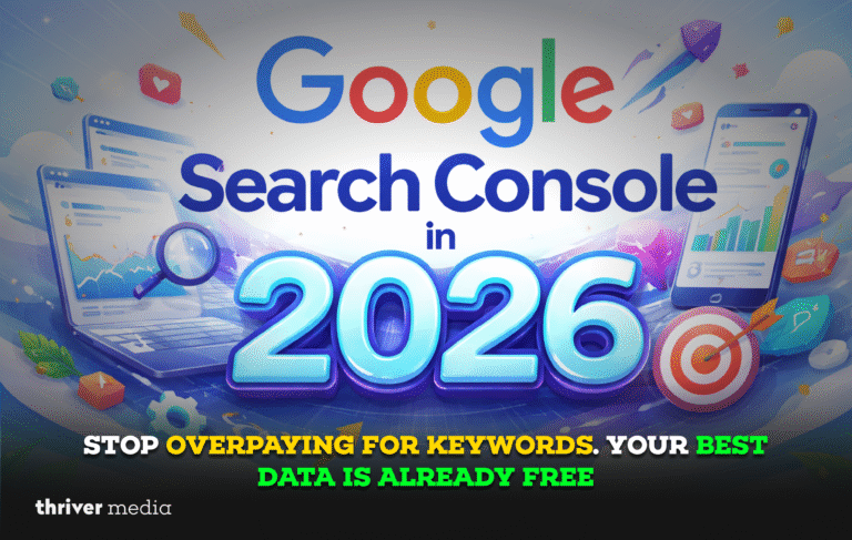 Google Search Console in 2026 showing SEO analytics, keyword data, charts, and performance insights with a message about free keyword research.