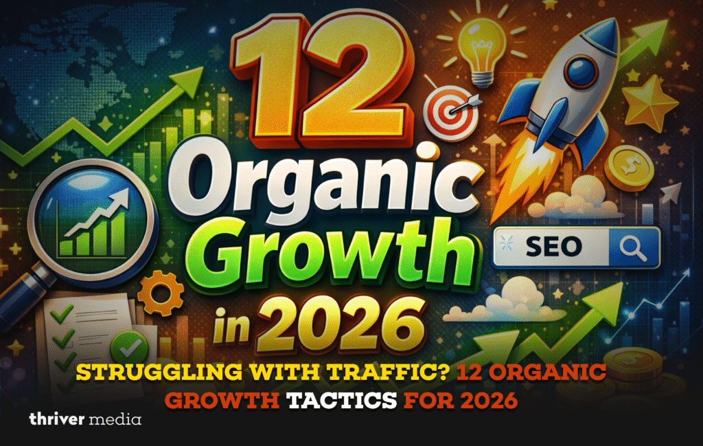 Illustration showing “12 Organic Growth in 2026” with SEO icons, rising charts, rocket, magnifying glass, and search bar symbolizing organic traffic growth.