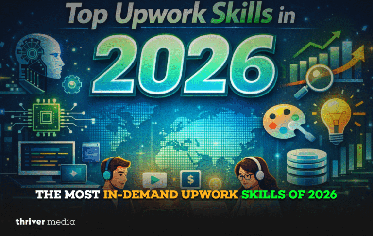 Top Upwork skills in 2026 showing AI, web development, digital marketing, design, data analytics, and freelancing trends.