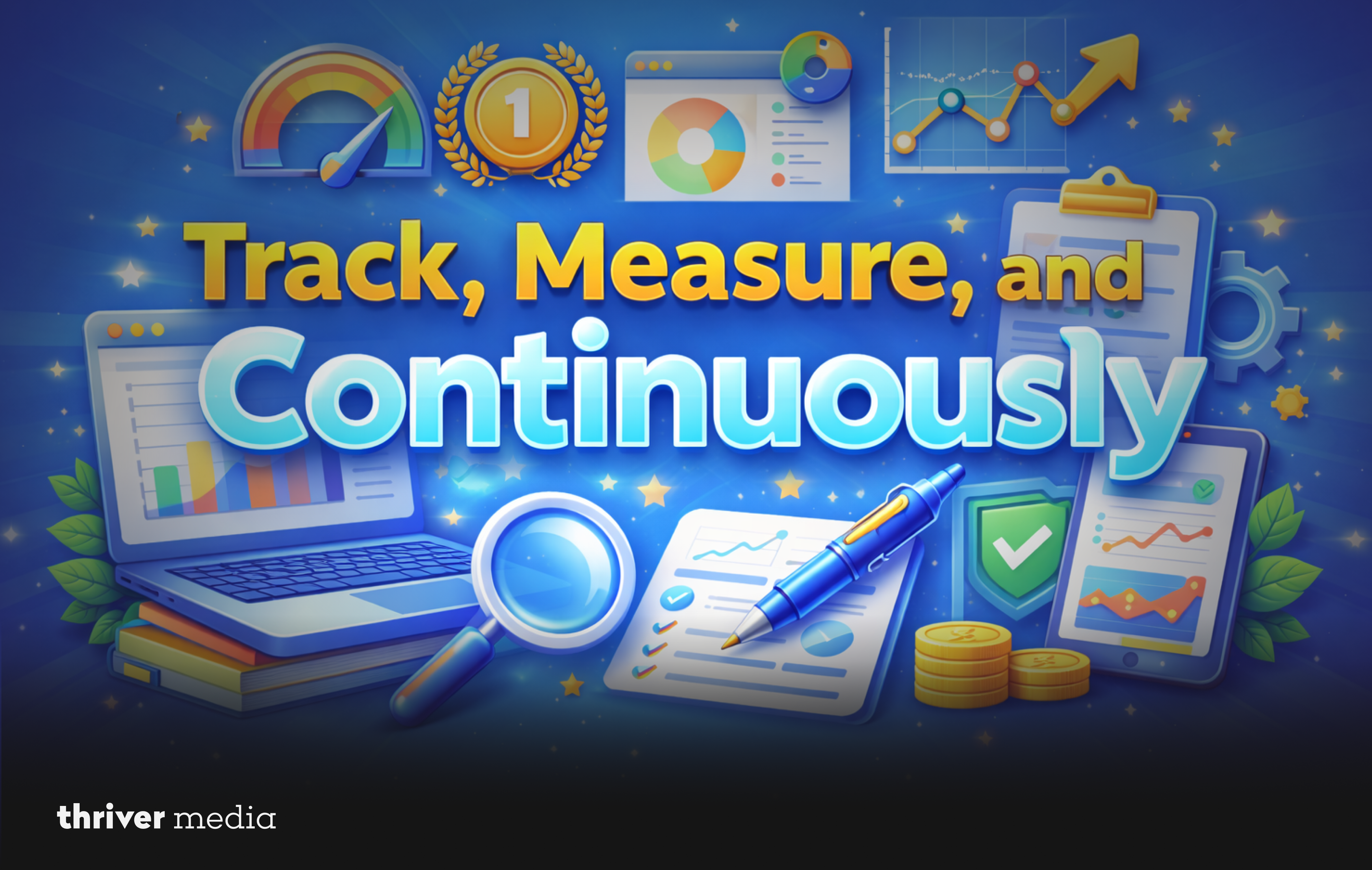 Track, Measure, and Continuously improve graphic showing analytics dashboard, growth charts, magnifying glass, checklist, shield, and performance metrics representing SEO tracking, data analysis, and ongoing optimization.