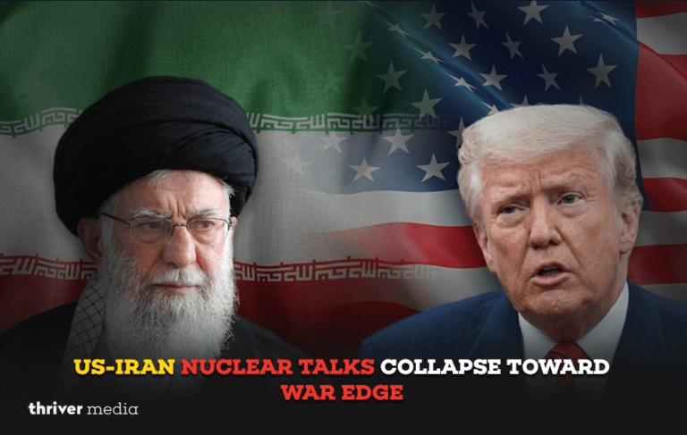 Composite image of Iran’s Supreme Leader and former U.S. President Donald Trump against blended Iranian and American flags with headline about nuclear talks collapse.
