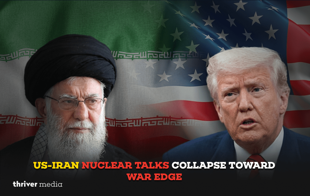 Composite image of Iran’s Supreme Leader and former U.S. President Donald Trump against blended Iranian and American flags with headline about nuclear talks collapse.