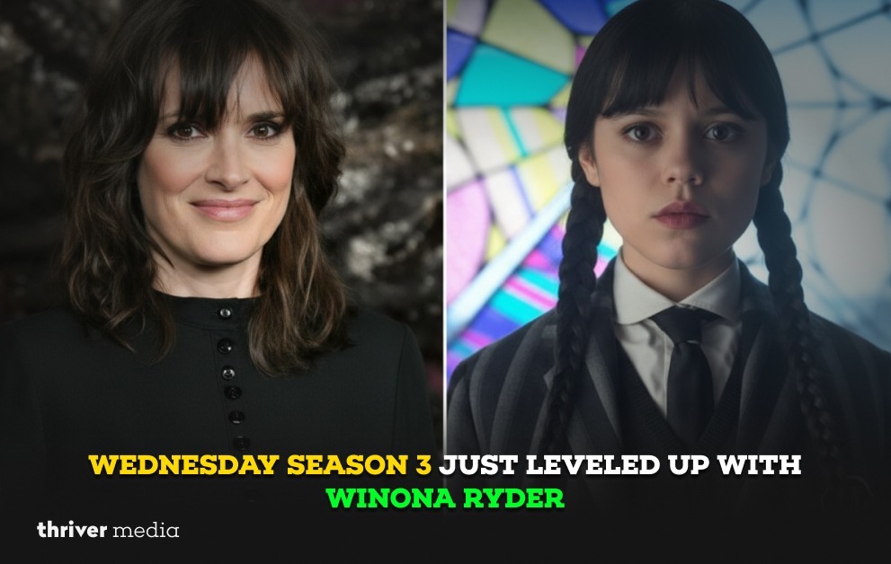 Side-by-side image of Winona Ryder and Wednesday Addams with headline text reading “Wednesday Season 3 Just Leveled Up with Winona Ryder.”