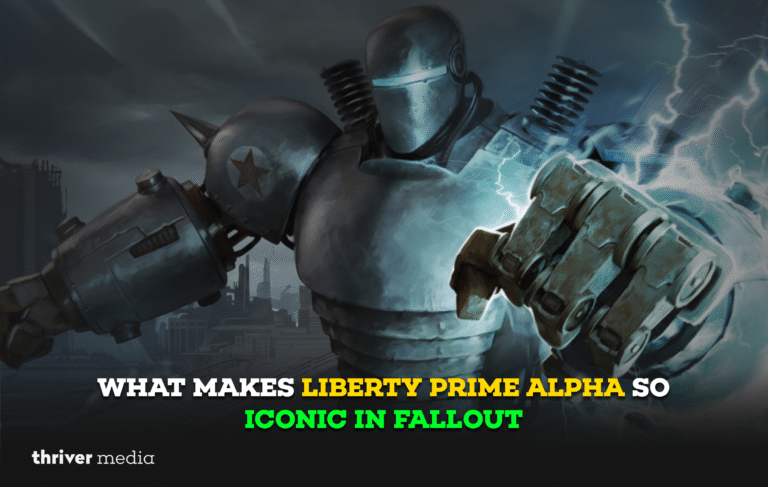 Liberty Prime Alpha towers over a ruined city, electricity crackling around its massive fist as bold text reads “What Makes Liberty Prime Alpha So Iconic in Fallout.”