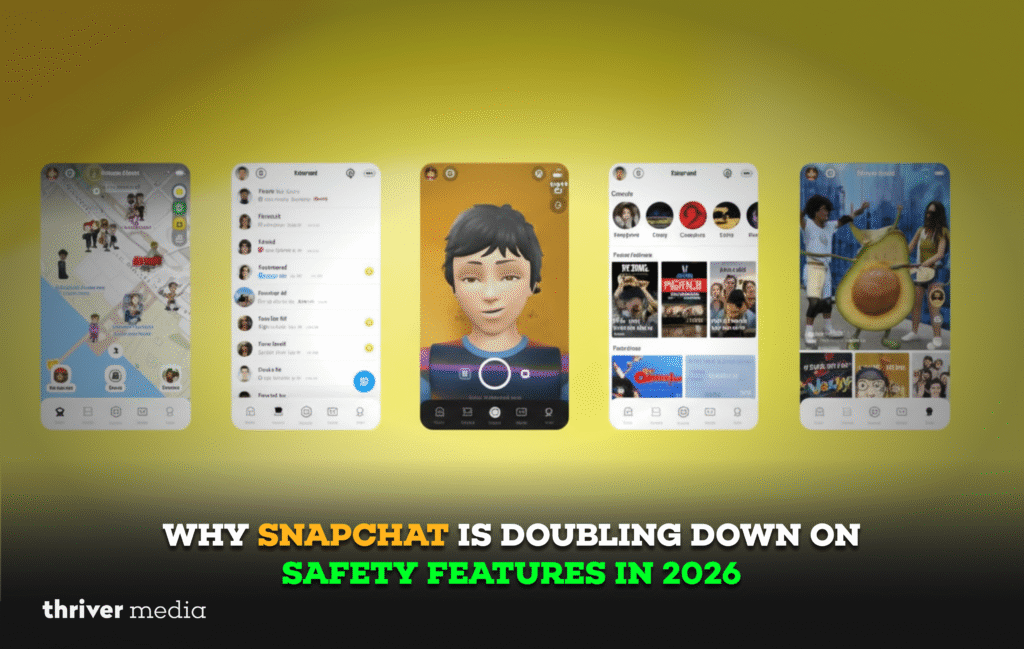 Illustration showing Snapchat app screens highlighting safety features and interface updates in 2026.