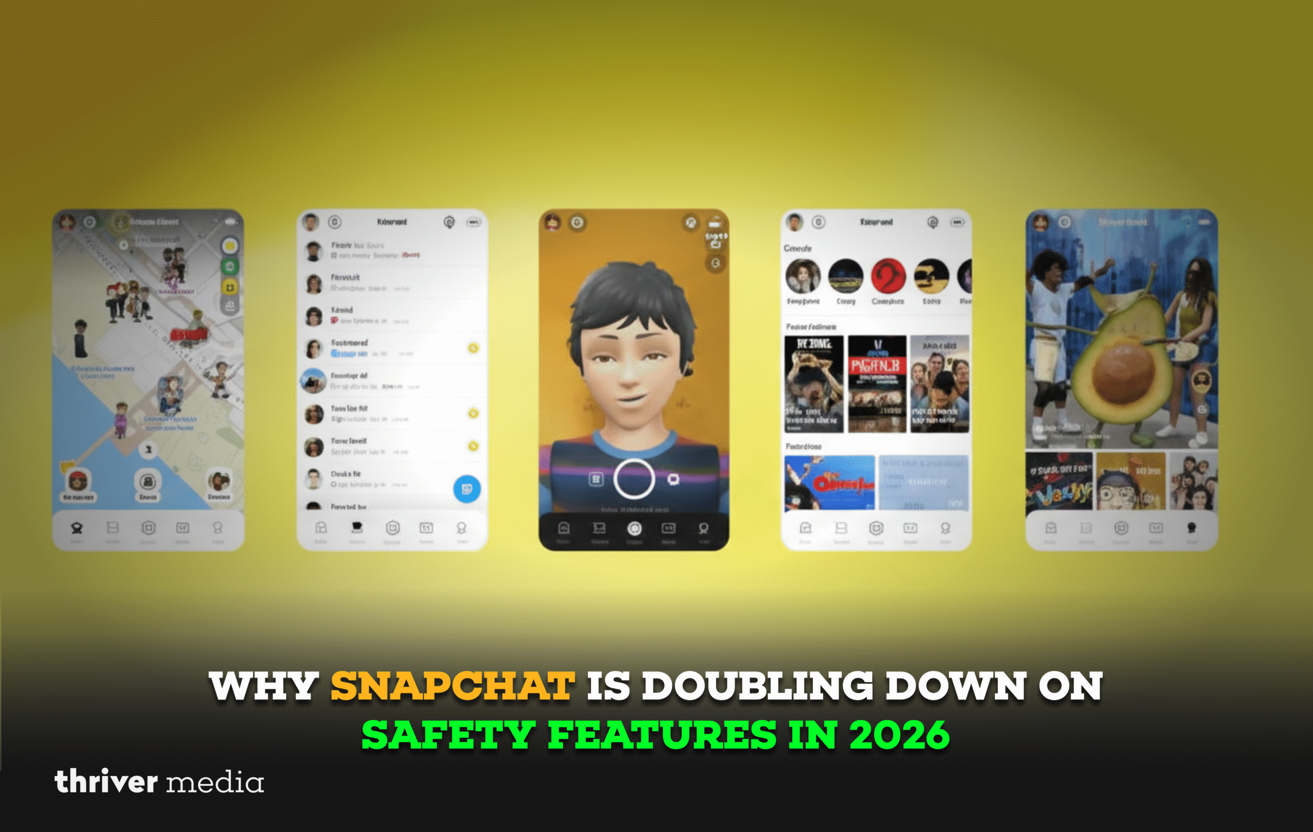 Illustration showing Snapchat app screens highlighting safety features and interface updates in 2026.