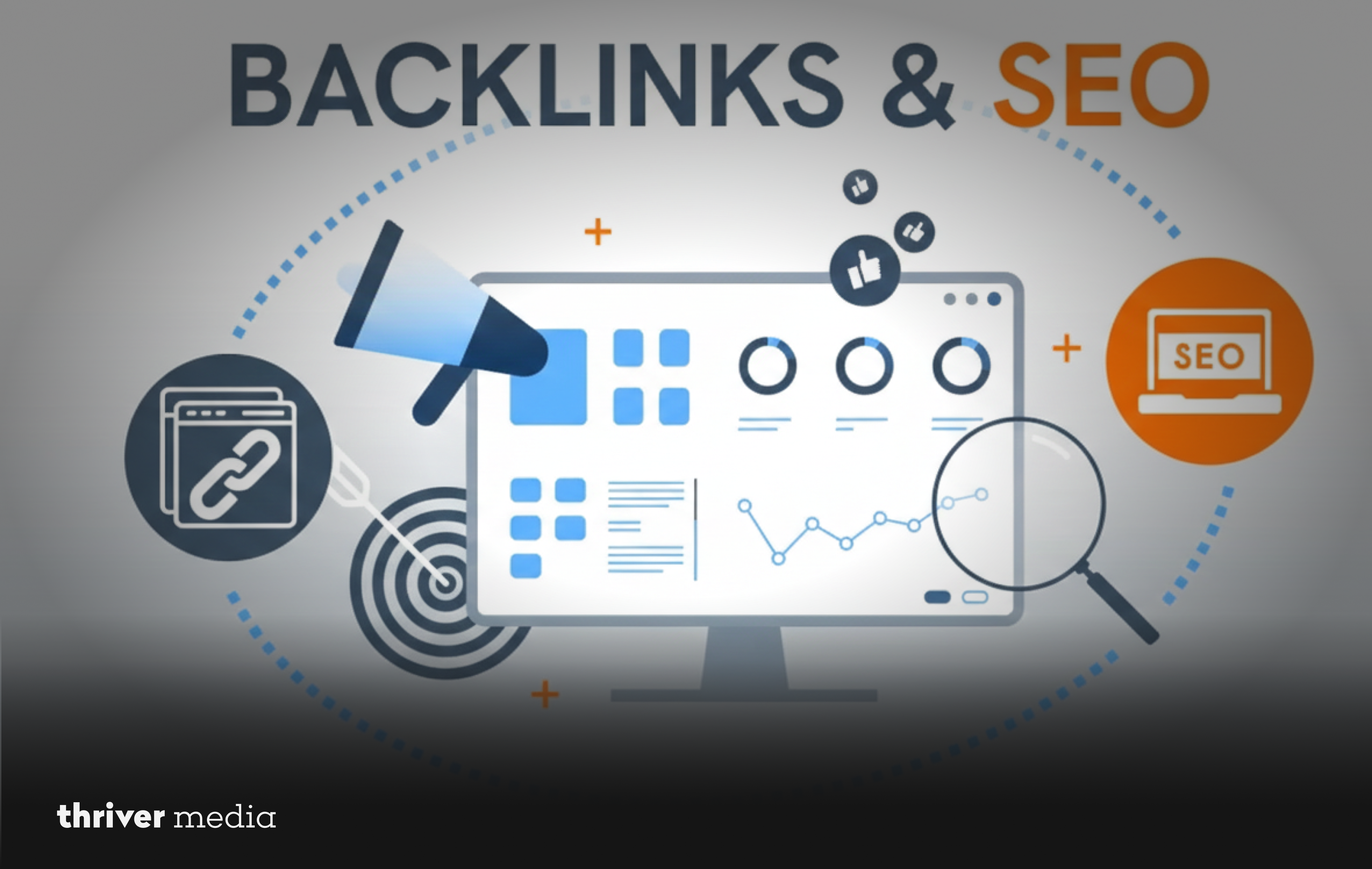 Backlinks and SEO graphic showing website dashboard, link icon, target board, megaphone, analytics chart, and magnifying glass representing link building strategy and search engine ranking growth.