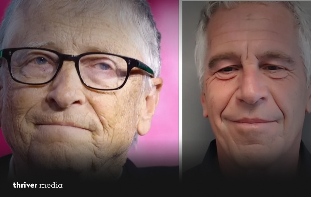 Split-screen close-up portraits of Bill Gates and Jeffrey Epstein placed side by side against contrasting background tones.