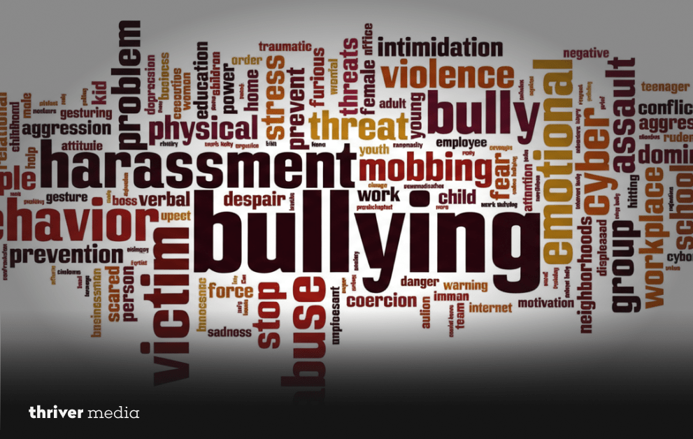 Public Harassment and Consent: The Ugly Truth We Ignore 3 Word cloud graphic highlighting terms like bullying, harassment, violence, intimidation, abuse, and victim in bold red and brown tones.