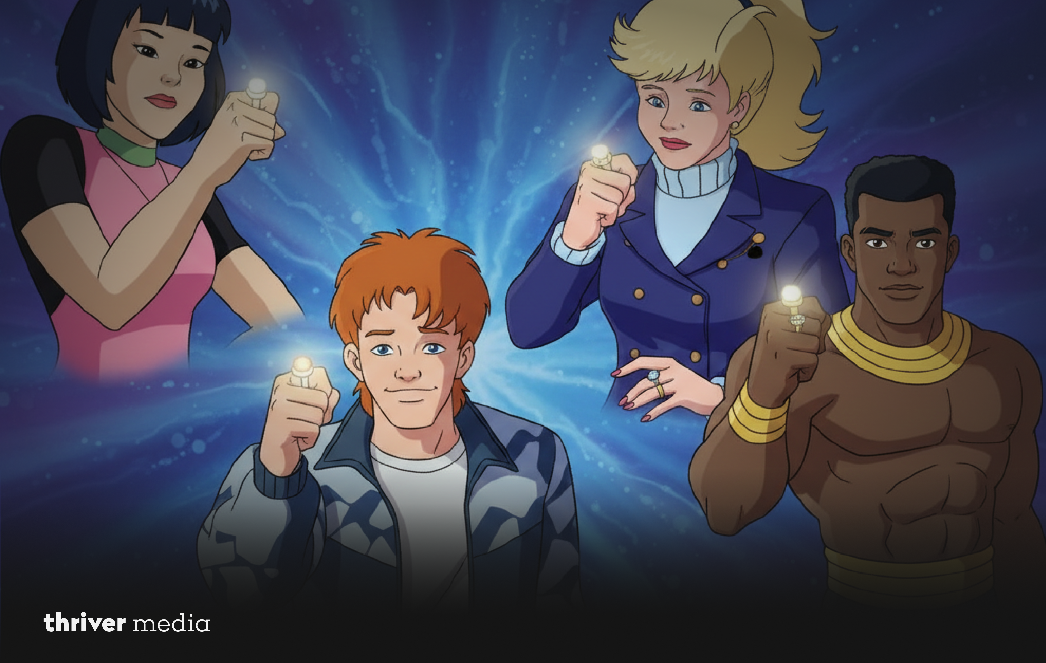 Animated scene of the Planeteers holding up their glowing elemental rings with blue energy radiating behind them from the Captain Planet cartoon.