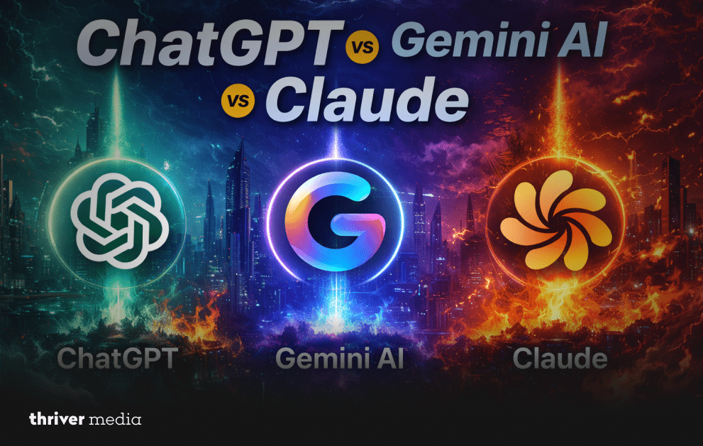 Dramatic tech-style graphic comparing ChatGPT, Gemini AI, and Claude with glowing cityscape and futuristic lighting effects.