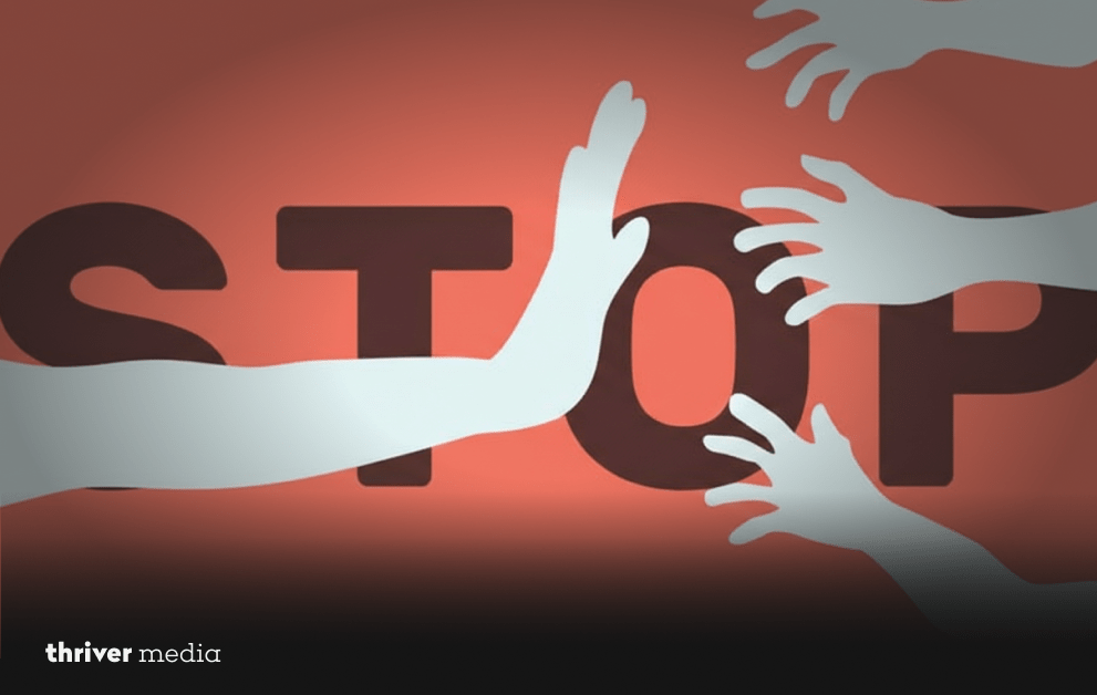 Public Harassment and Consent: The Ugly Truth We Ignore 2 Illustration of a raised hand signaling “stop” in front of large bold letters spelling STOP, with multiple reaching hands symbolizing harassment.