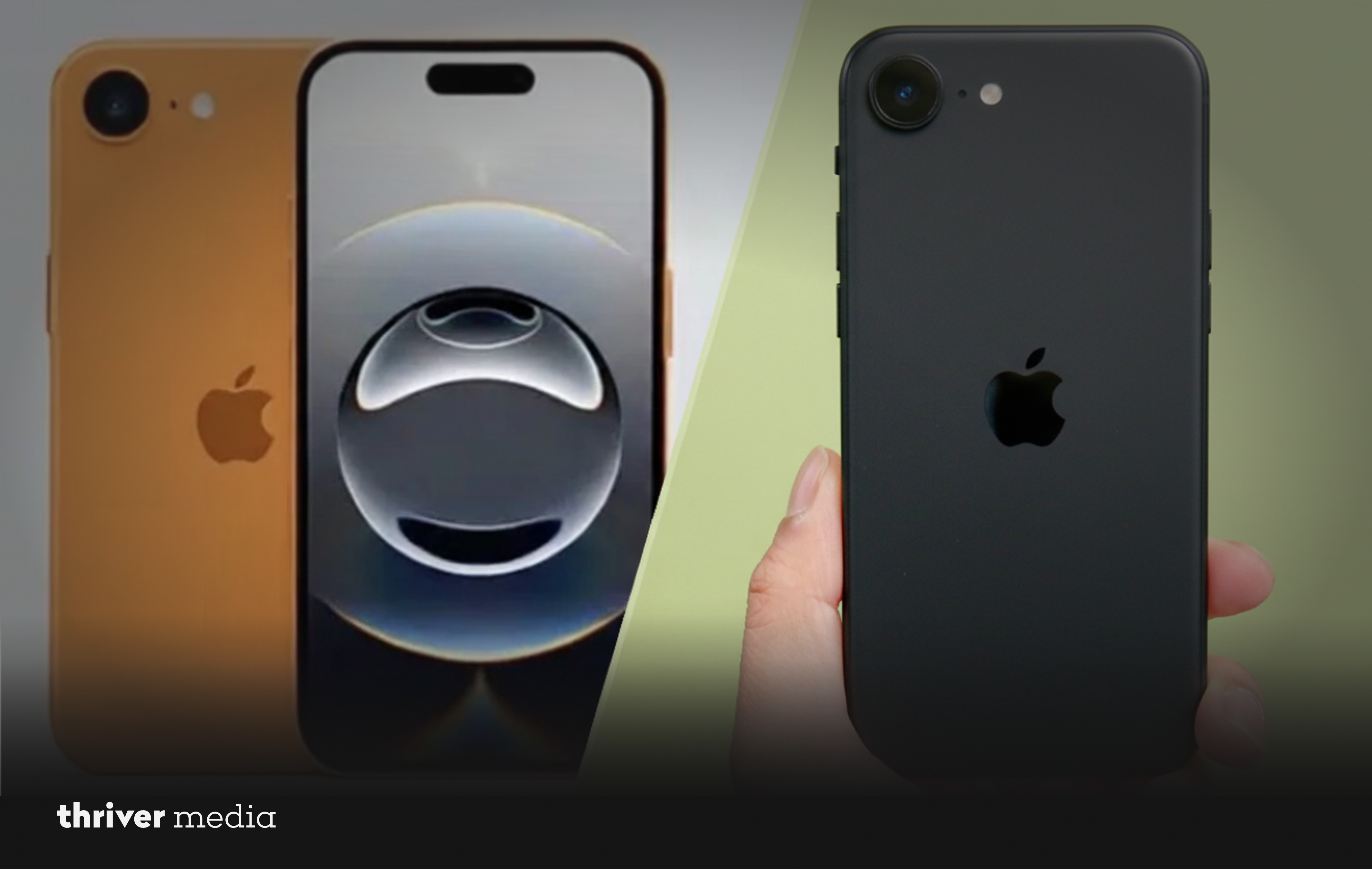 Split comparison image of the iPhone 17e showing gold and silver front views on the left and a black iPhone 17e rear view on the right, highlighting display design and single-camera setup.
