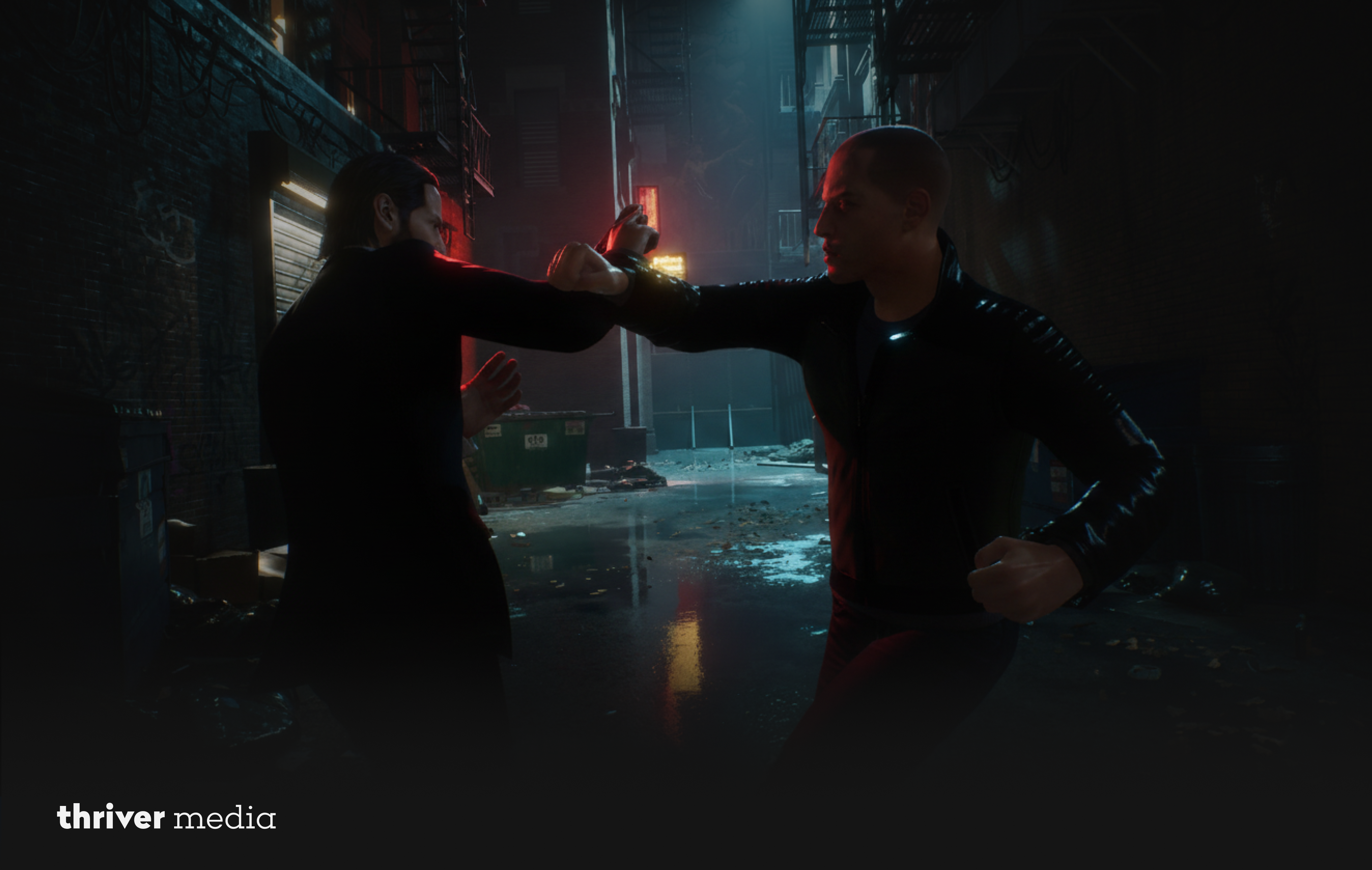 Two men fight in a dark, neon-lit alley at night, rain reflecting red and blue lights on the wet pavement in a cinematic action scene.