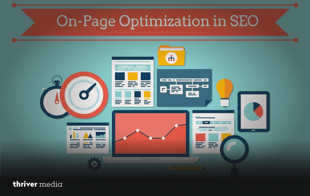 Illustration of on-page optimization in SEO with website layout, analytics charts, stopwatch, magnifying glass, and performance dashboard elements.