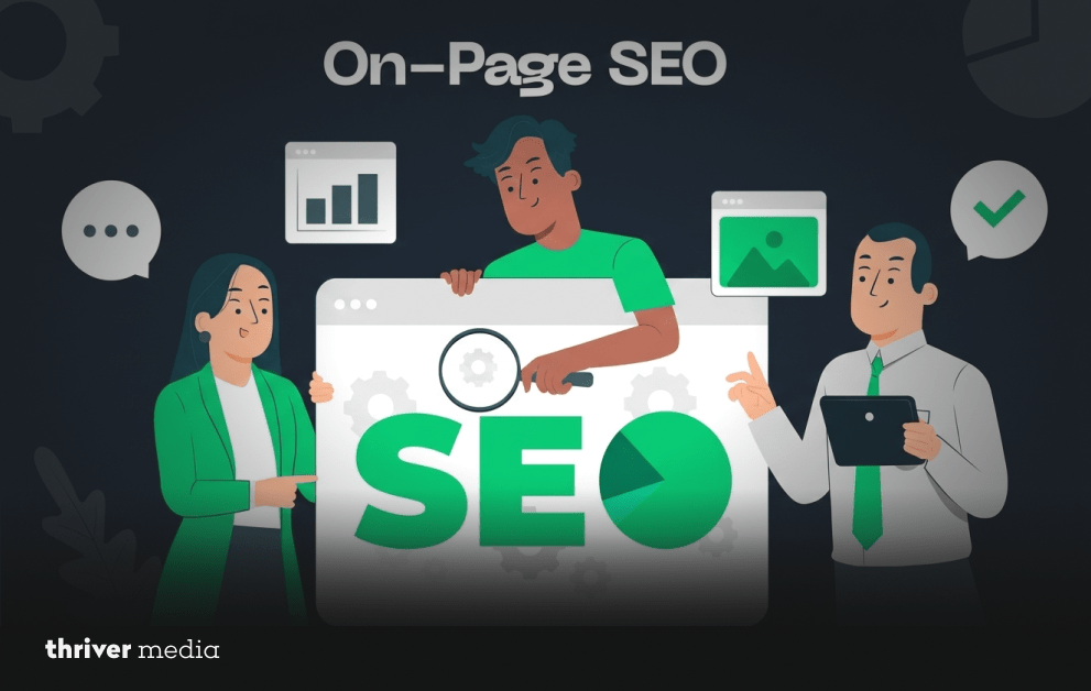Illustration of a team analyzing on-page SEO with large SEO text, charts, website interface, and optimization elements.