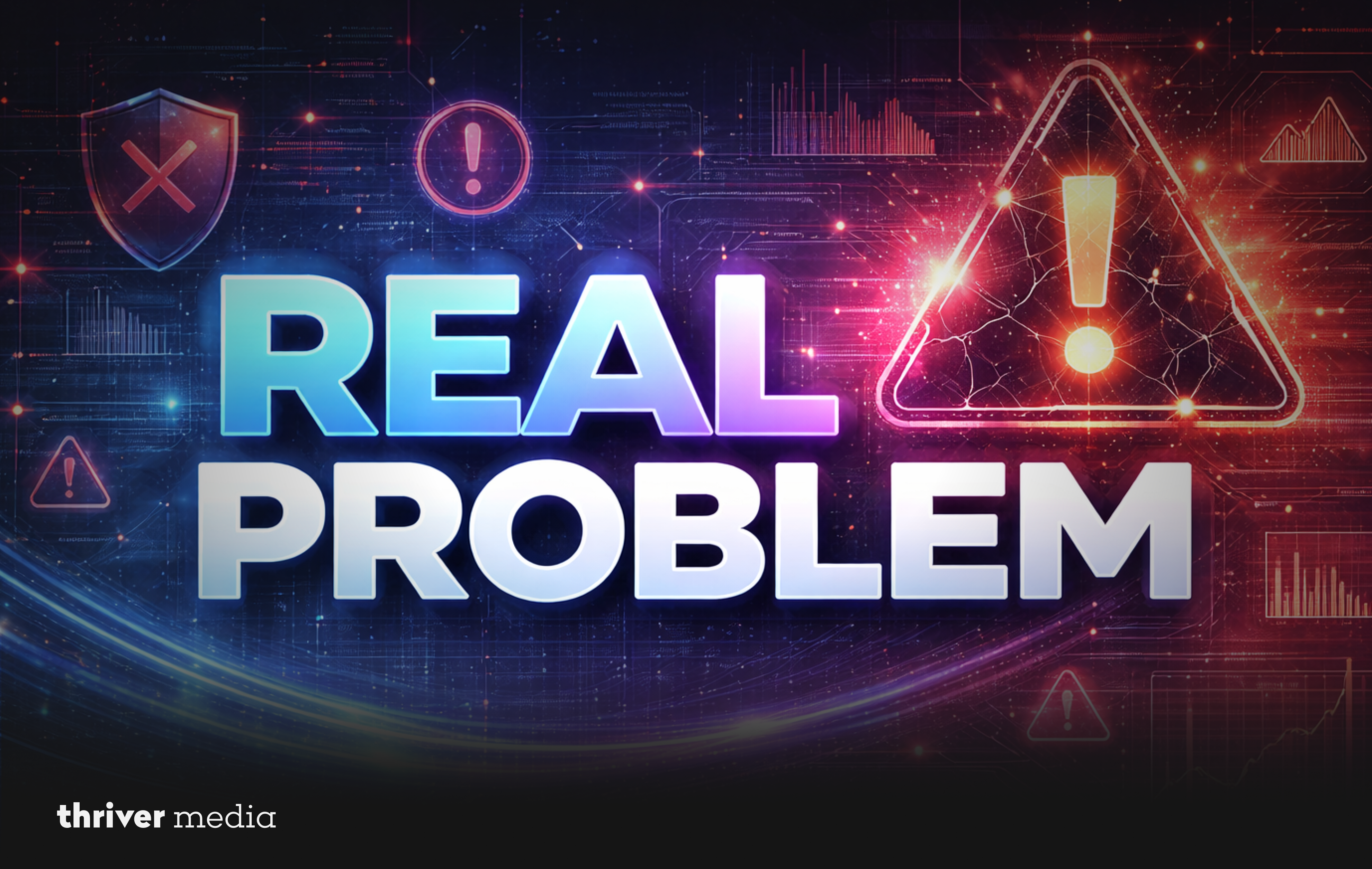 Futuristic digital graphic displaying “Real Problem” with warning icons and data charts, representing business challenges and AI risk detection.