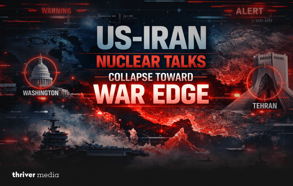 US-Iran Nuclear Talks Collapse Toward War Edge 2 Breaking news graphic showing US–Iran nuclear talks collapsing, with Washington and Tehran highlighted on a digital world map, aircraft carrier in the Persian Gulf, and red alert graphics.