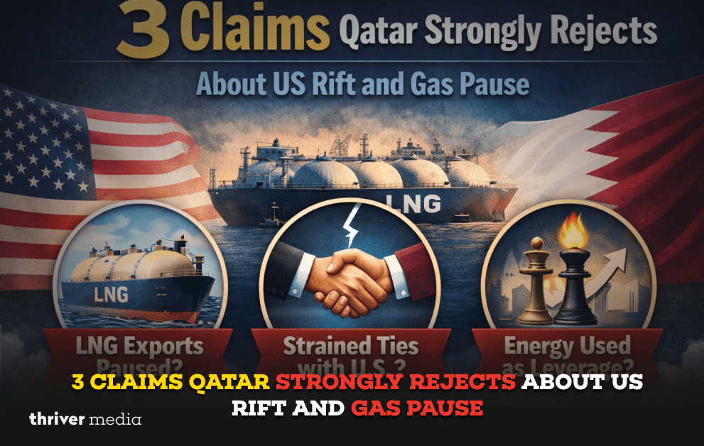 Infographic showing three claims Qatar rejects about US relations and LNG gas pause, featuring LNG ships, US and Qatar flags, and energy partnership visuals.
