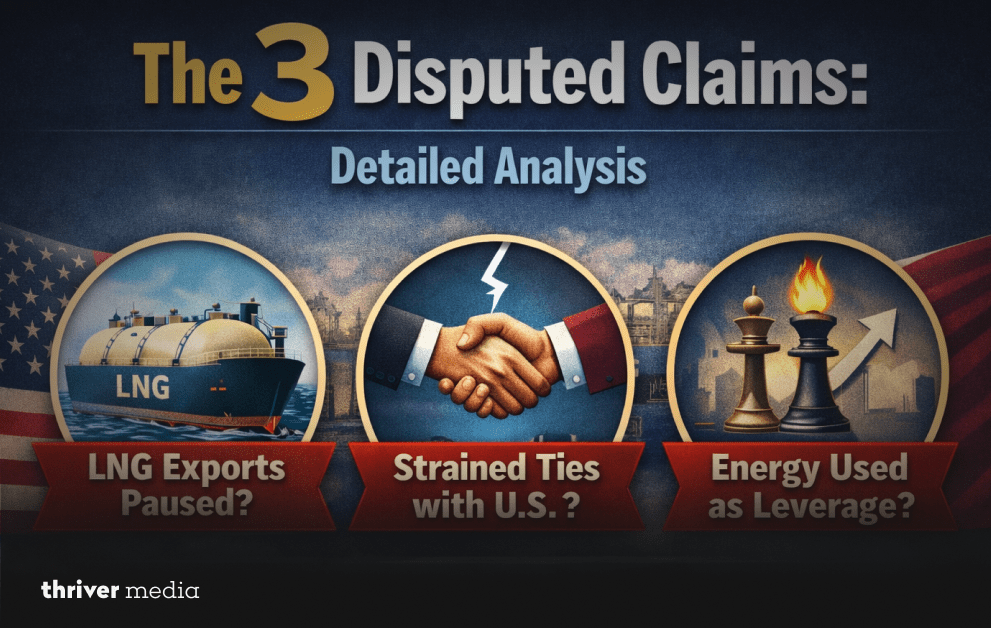 Infographic titled “The 3 Disputed Claims: Detailed Analysis” showing LNG exports, US relations, and energy leverage claims with LNG ship, handshake, and chess piece visuals.