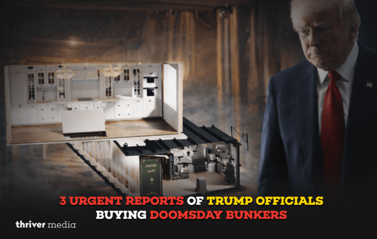 Donald Trump beside an underground doomsday bunker cutaway showing a secure shelter interior amid reports officials are buying bunkers.