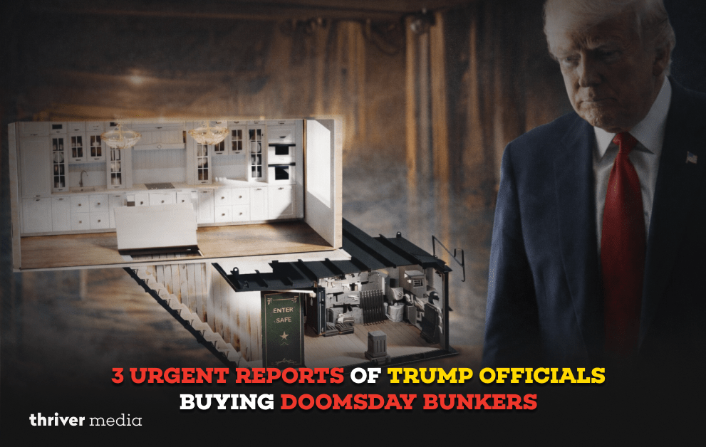 Donald Trump beside an underground doomsday bunker cutaway showing a secure shelter interior amid reports officials are buying bunkers.