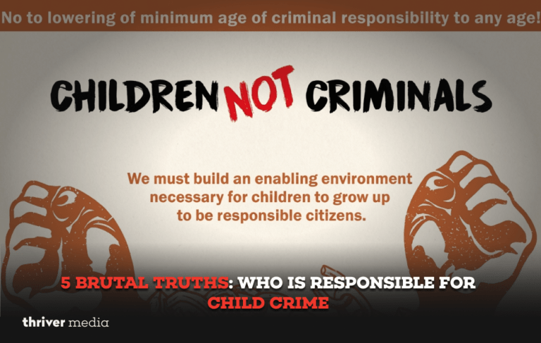 Poster reading “Children Not Criminals” with message about building a supportive environment for children, highlighting responsibility in child crime.