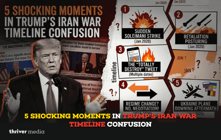 Infographic showing 5 shocking moments in Trump’s Iran war timeline confusion with Donald Trump, missile strikes, and geopolitical timeline graphics.