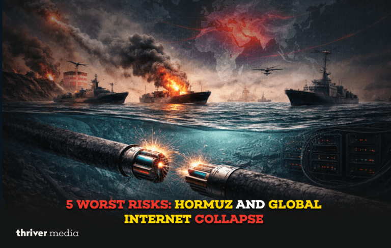 Undersea cable damage with naval conflict above water illustrating risks to global internet and infrastructure in Hormuz
