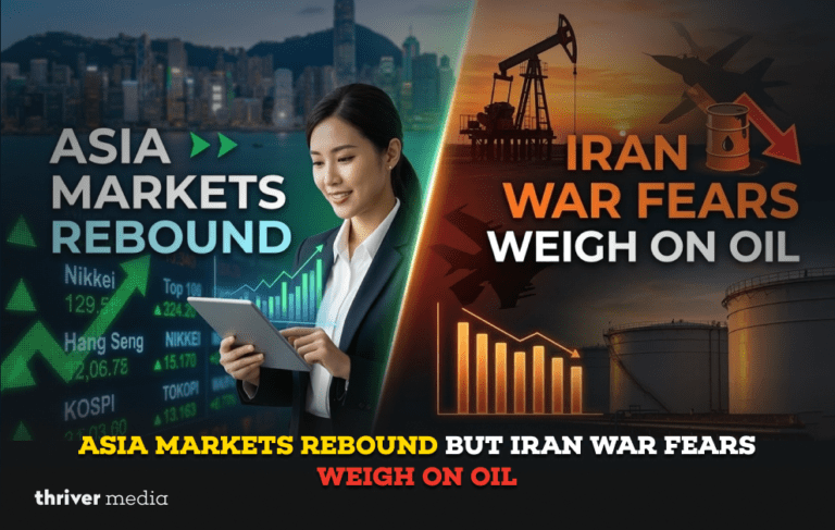 Asian stock market rebound with rising charts while Iran war fears push oil prices lower with falling graph and oil pump.