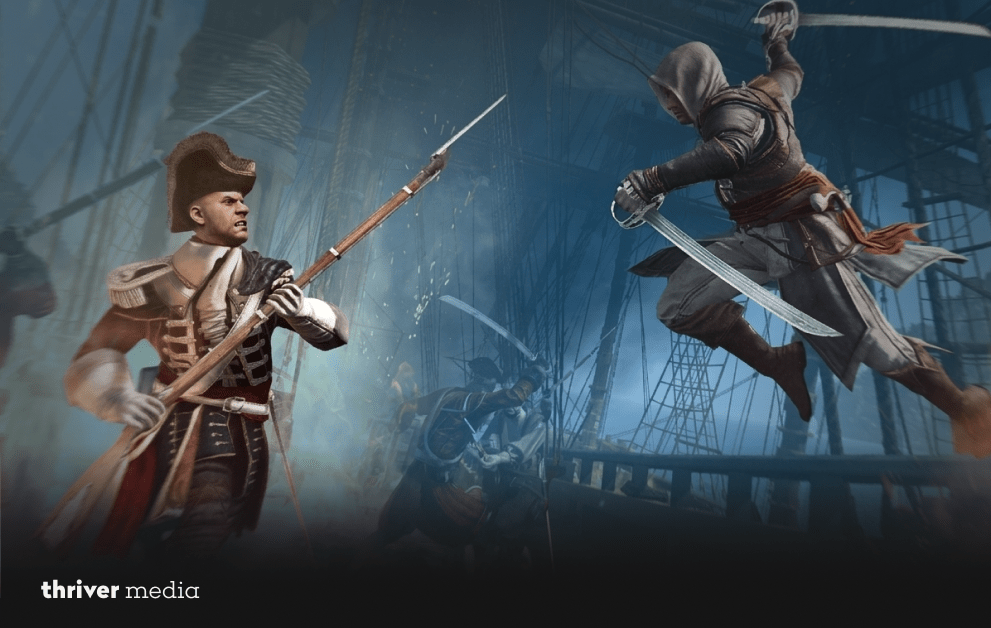 Action scene from Assassin's Creed IV: Black Flag showing a hooded assassin leaping with dual swords toward a naval soldier during a battle on a pirate ship.