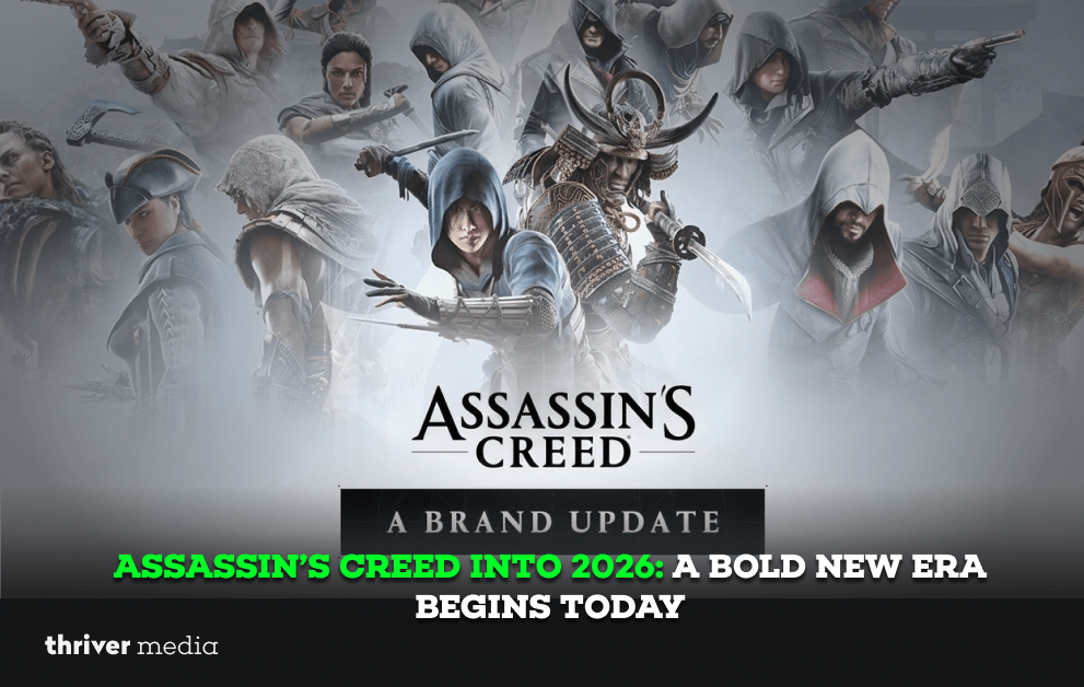 Collage of iconic Assassins from the Assassin's Creed series with the text “A Brand Update” and headline “Assassin’s Creed Into 2026: A Bold New Era Begins Today.”