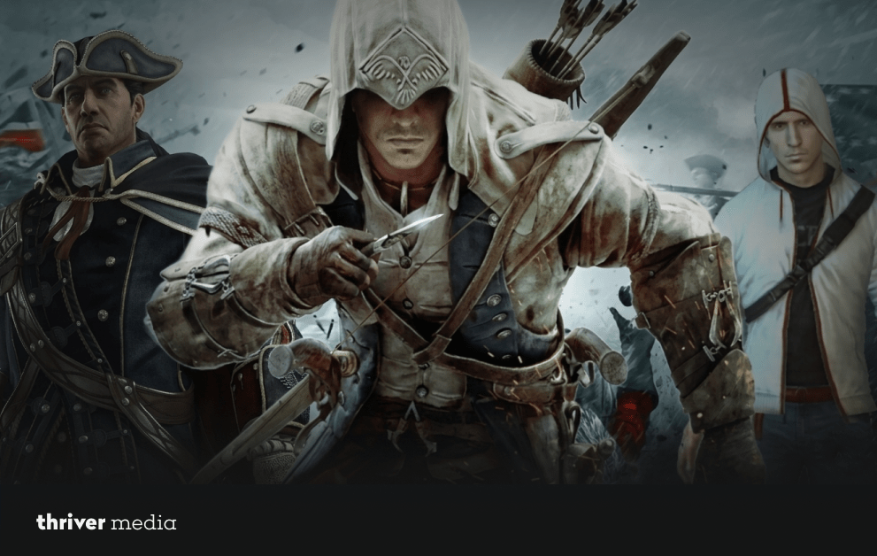 Promotional artwork featuring characters from the Assassin's Creed series, including a hooded assassin holding a hidden blade with other assassins standing behind him in historical settings.