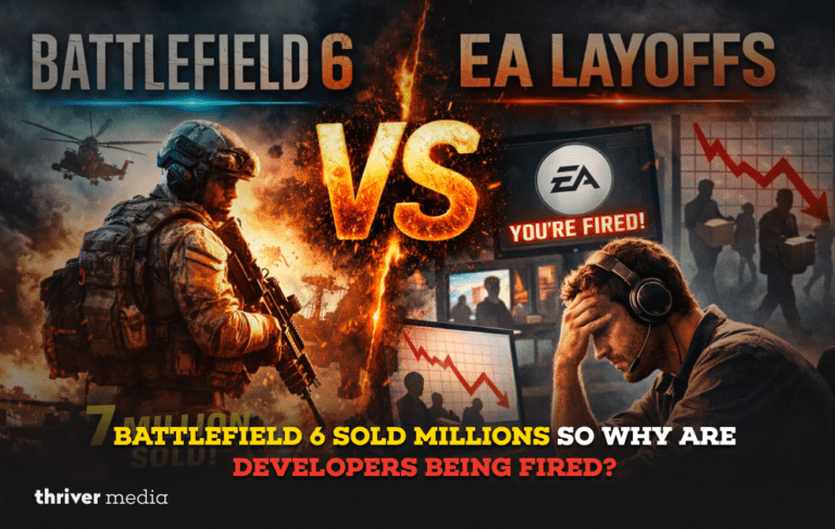 Battlefield 6 vs EA layoffs concept image showing a soldier from the game on one side and a stressed game developer facing job cuts on the other.