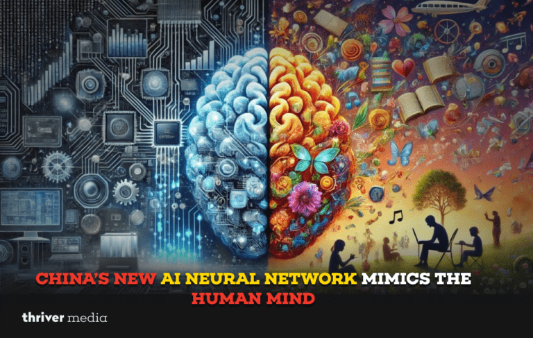 Illustration of a split human brain showing technology circuits on one side and creative human experiences on the other, symbolizing China’s new AI neural network mimicking human thought.