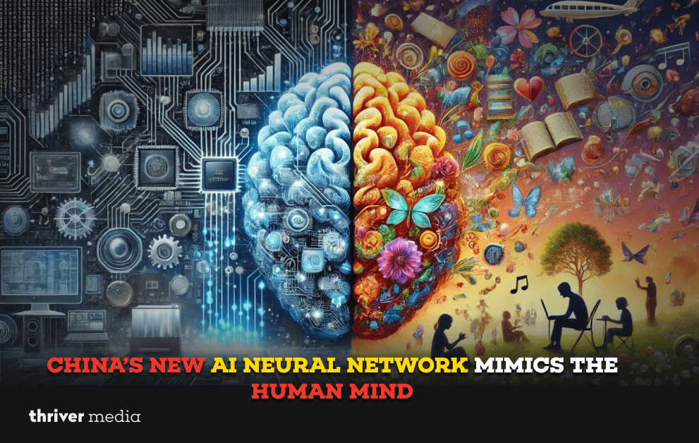 Illustration of a split human brain showing technology circuits on one side and creative human experiences on the other, symbolizing China’s new AI neural network mimicking human thought.